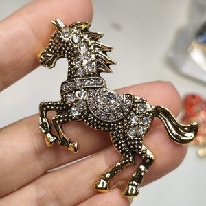 Gold and Silver Rhinestone Horse Brooch